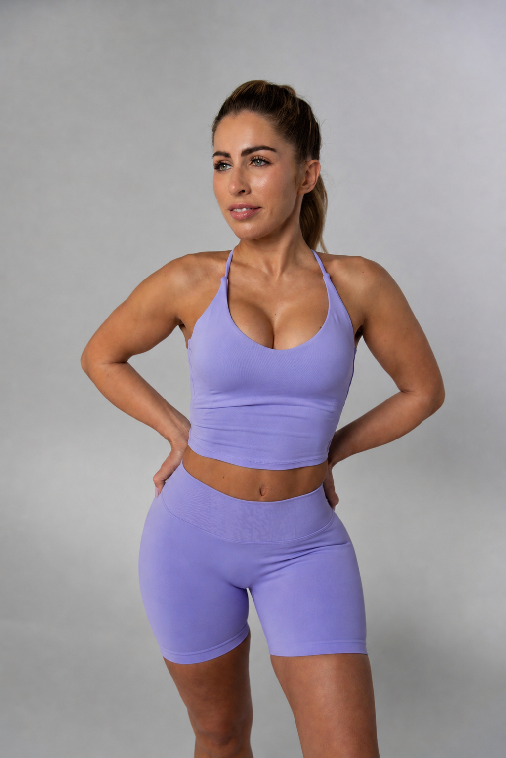 Halter Sports Bra purple. front view