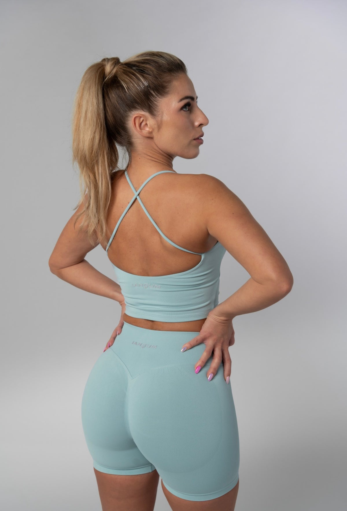 Halter Sports Bra Baby Green, back view